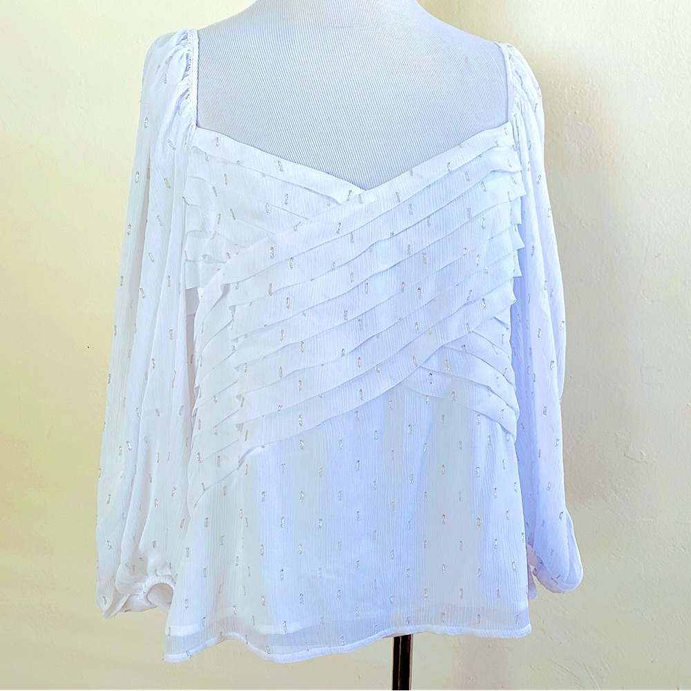 Express Metallic Blouse Top White Pleats Balloon Sleeve Cottagecore Boho Large
